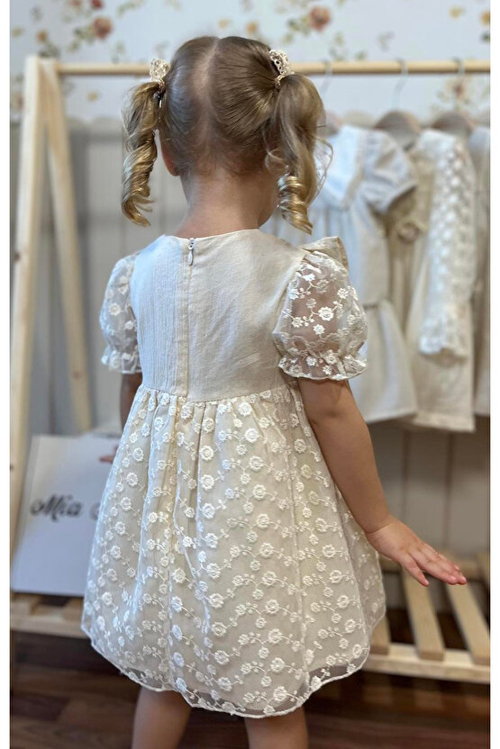 Kız Bebek Elbise Kız Çocuk Elbise Doğum Günü Parti Düğün Keten Kısa Kollu Astarlı Elbise