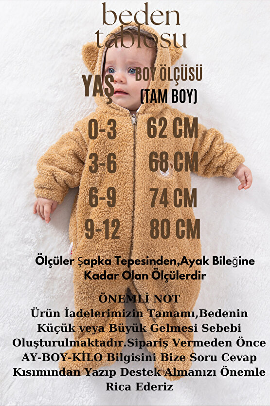 Welsoft Peluş Fermuarlı Kışlık Unisex Kız Erkek Bebek Uyku Tulumu Bebek Tulumu Çocuk Tulumu Kostümü