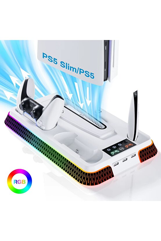 PS5 İÇİN SOĞUTMA STANDI ÇİFT KOL ŞARJ RGB LED IŞIKLI 3 USB GİRİŞLİ SLİM PRO UYUMLU STAND