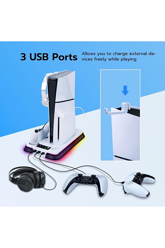 PS5 İÇİN SOĞUTMA STANDI ÇİFT KOL ŞARJ RGB LED IŞIKLI 3 USB GİRİŞLİ SLİM PRO UYUMLU STAND