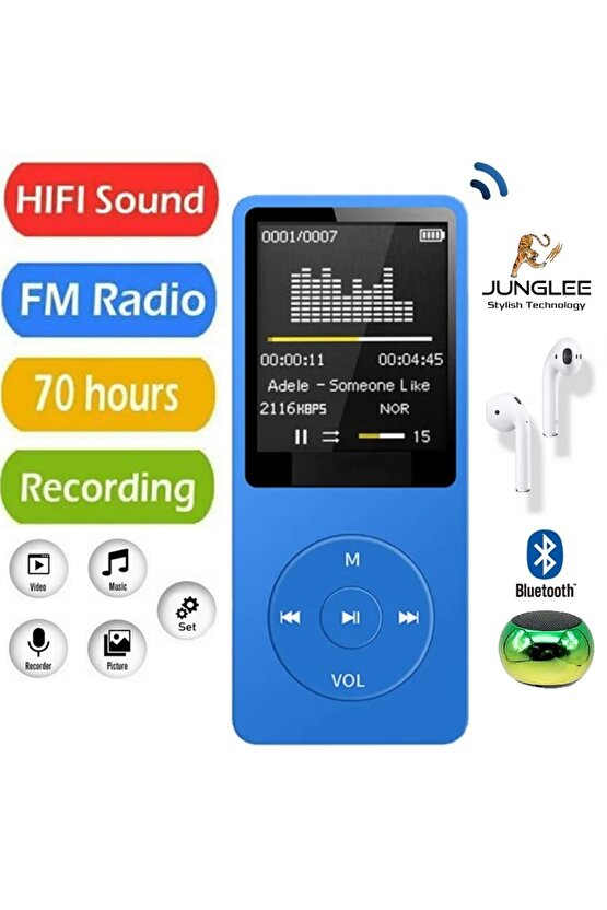 8GB HAFIZA KARTLI BLUETOOTHLU MP3 ÇALAR SES KAYIT FM RADİO DAHİLİ HOPARLÖR EKRANLI MÜZİK ÇALAR