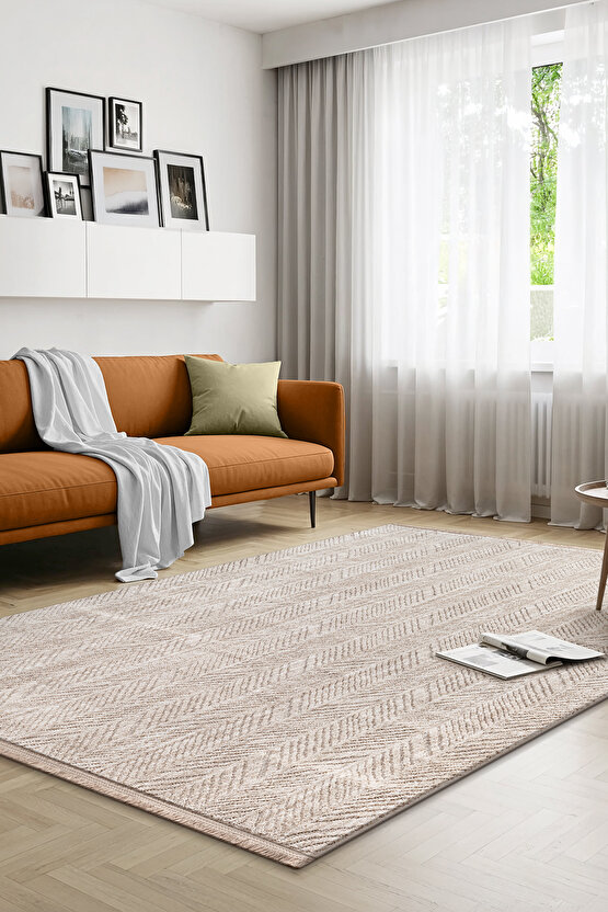Yalın Modern Dokuma Halı Kaymaz Tabanlı Yıkanabilir Salon ve Oturma Odası Halısı 5577 Bej