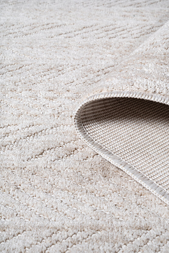 Yalın Modern Dokuma Halı Kaymaz Tabanlı Yıkanabilir Salon ve Oturma Odası Halısı 5577 Krem