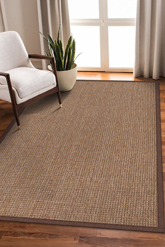 0465-Kahverengi Kumaş Bordür Sisal Halı Kilim Hav Toz Vermez Kolay Temizlenen Hasır Kilim