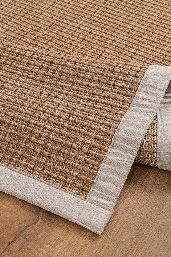 0465-Bej Kumaş Bordür Sisal Halı Kilim Hav Toz Vermez Kolay Temizlenen Hasır Kilim