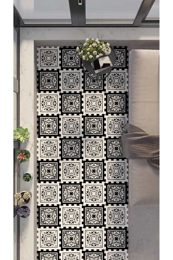 Siyah Beyaz Desenli Yıkanabilir Balkon Halıs Thb13 | Yapboz Halı | Puzzle Halı