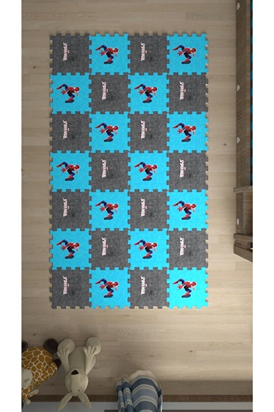 Spiderman Mavi Gri Yıkanabilir Çocuk Odası Sı Thc3 | Yapboz Halı | Puzzle Halı