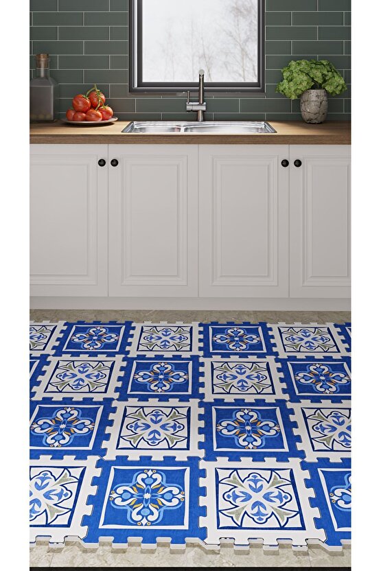 Dekoratif Mavi Beyaz Desenli Mutfak Halısı Thm35 | Yapboz Halı | Puzzle Halı