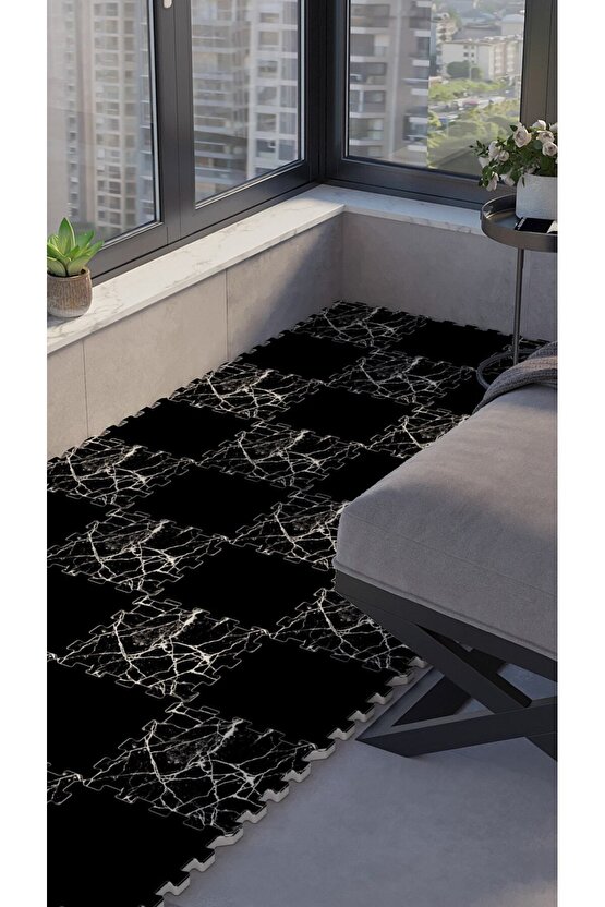 Siyah Mermer Desenli Su Geçirmez Balkon Halısı Thb30 | Yapboz Halı | Puzzle Halı