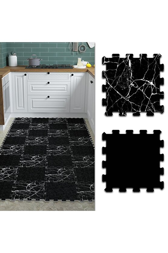 Siyah Su Geçirmez Mutfak Halısı Thm30 | Yapboz Halı | Puzzle Halı