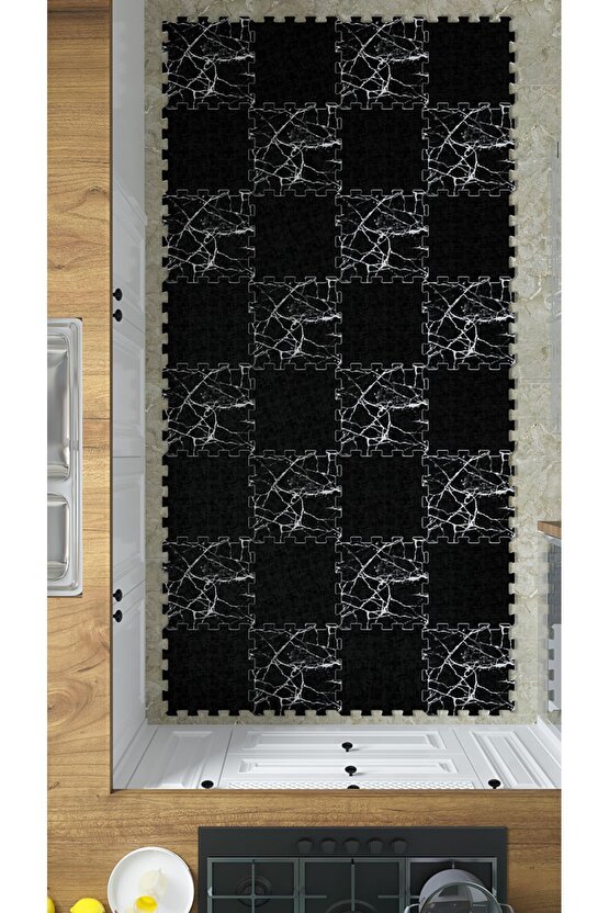 Siyah Su Geçirmez Mutfak Halısı Thm30 | Yapboz Halı | Puzzle Halı