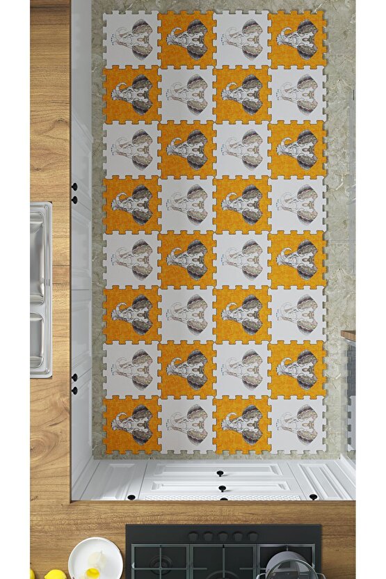 Turuncu Filli Yıkanabilir Mutfak Halısı Thm23 | Yapboz Halı | Puzzle Halı