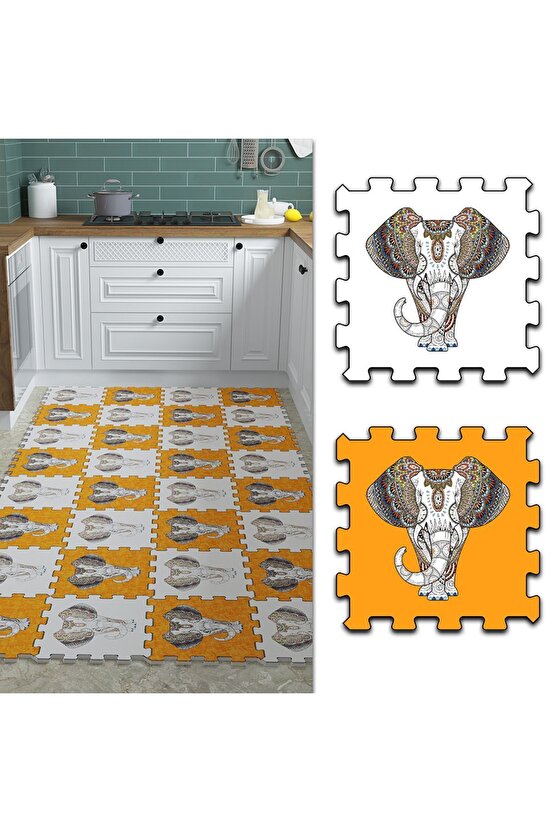 Turuncu Filli Yıkanabilir Mutfak Halısı Thm23 | Yapboz Halı | Puzzle Halı