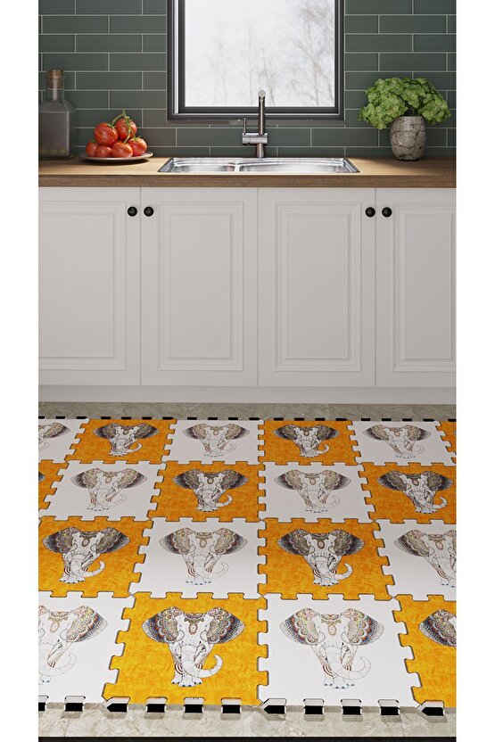 Turuncu Filli Yıkanabilir Mutfak Halısı Thm23 | Yapboz Halı | Puzzle Halı