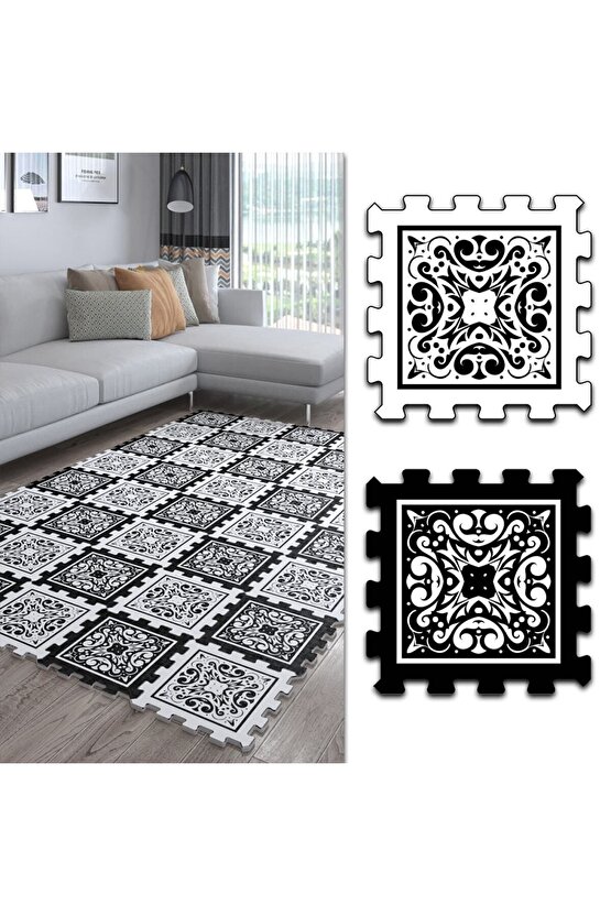 Siyah Beyaz Puzzle Halı Desenli Şık Salon Halısı Ths44 | Yapboz Halı | Puzzle Halı