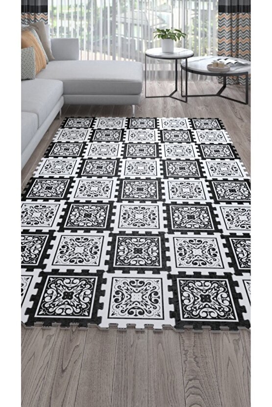 Siyah Beyaz Puzzle Halı Desenli Şık Salon Halısı Ths44 | Yapboz Halı | Puzzle Halı