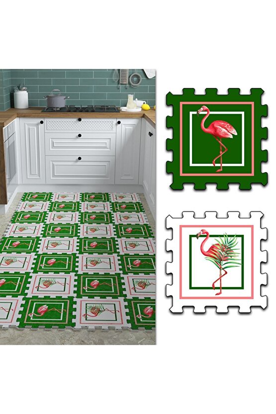 Leylekli Yeşil Beyaz Mutfak Halısı Thm10 | Yapboz Halı | Puzzle Halı