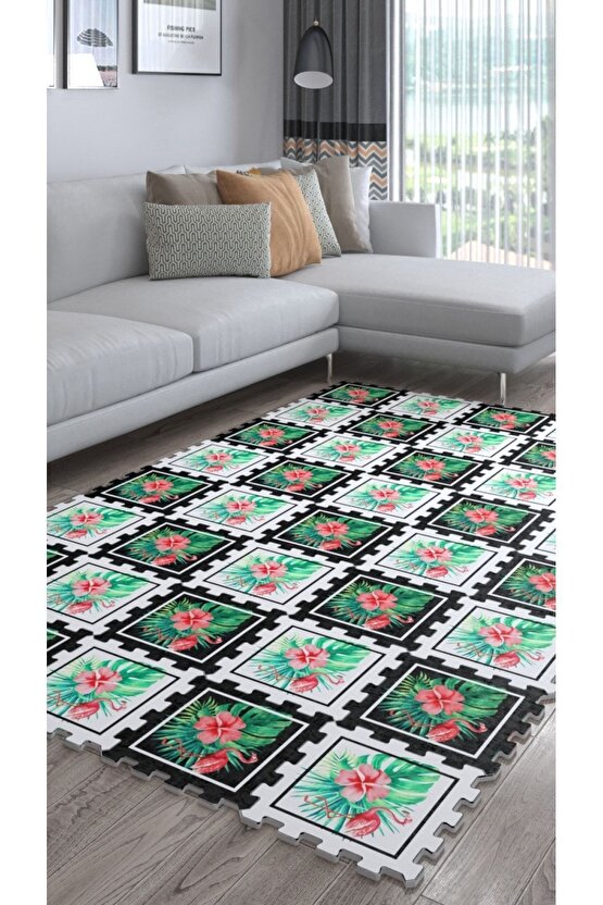 Çiçek Desenli Yıkanabilir Dekoratif Salon Halısı Ths9 | Yapboz Halı | Puzzle Halı