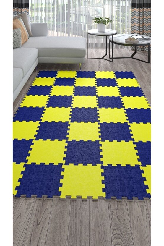 Sarı Lacivert Dekoratif Yıkanabilir Salon Halısı Ths31 | Yapboz Halı | Puzzle Halı