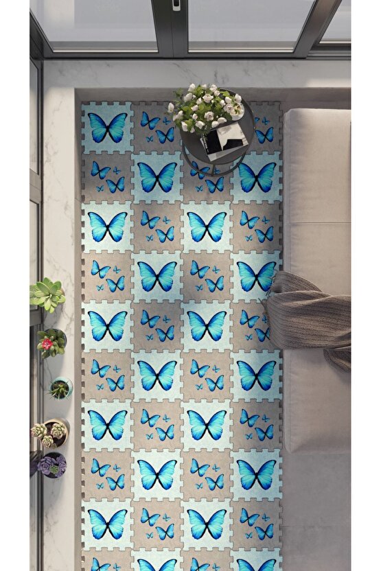 Kelebek Desenli Yumuşak Balkon Halısı Modelleri | Yapboz Halı | Puzzle Halı