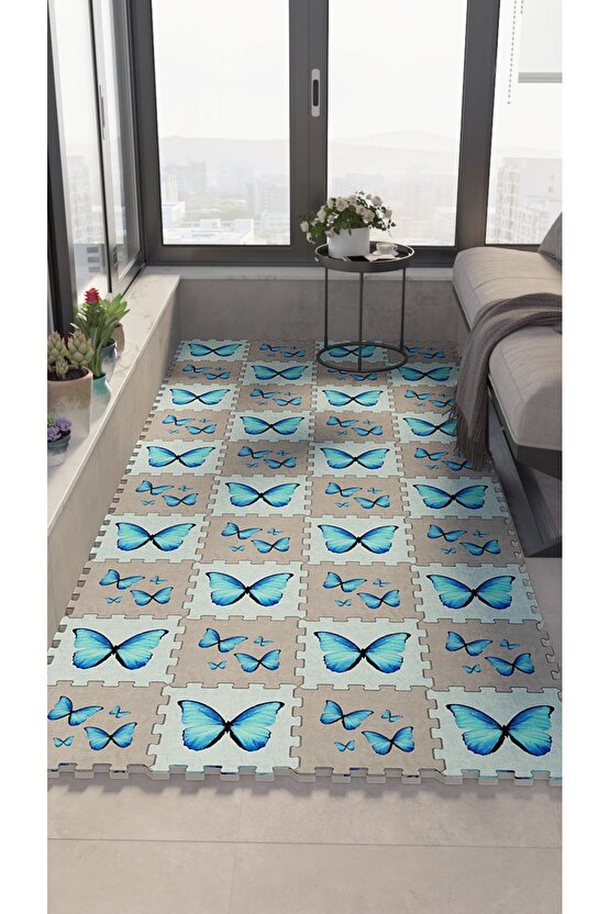 Kelebek Desenli Yumuşak Balkon Halısı Modelleri | Yapboz Halı | Puzzle Halı