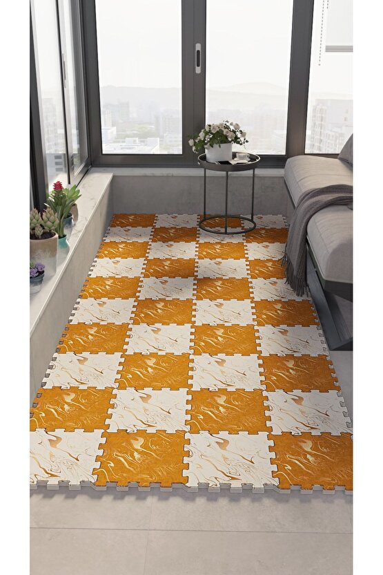Turuncu Dekoratif Leke Tutmaz Balkon Halısı Thb33 | Yapboz Halı | Puzzle Halı