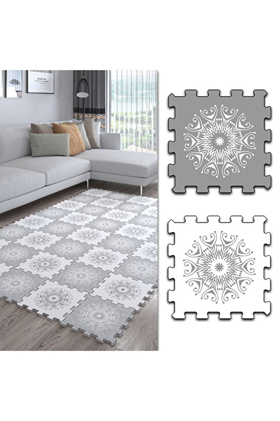 Gri Beyaz Desenli Yumuşak Salon Halısı Ths12 | Yapboz Halı | Puzzle Halı