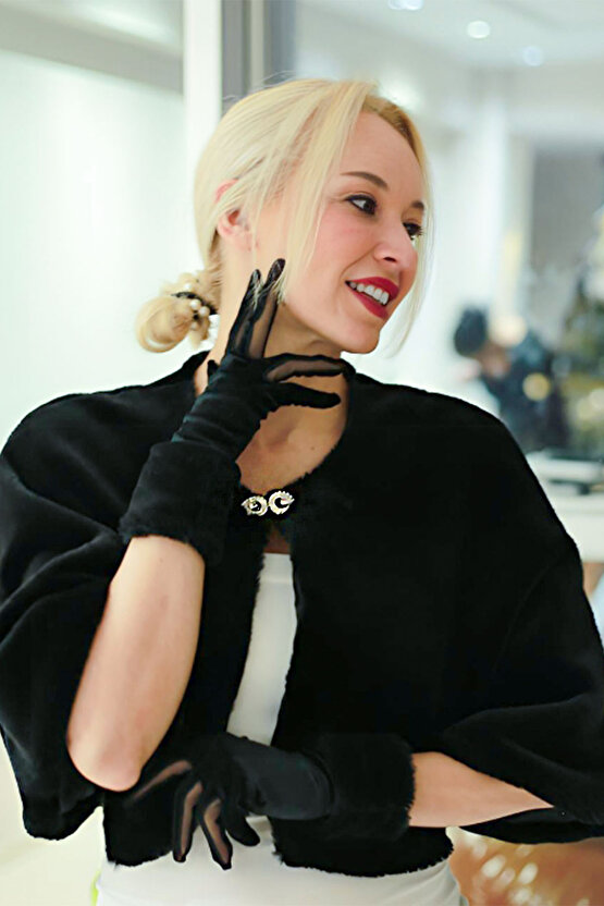 Siyah İpek Kadife Kürklü Eldiven