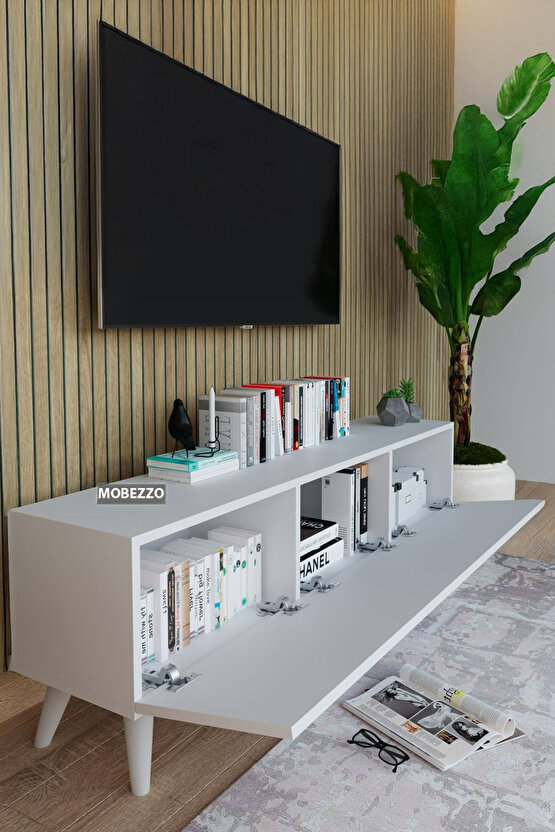 Modern Beyaz 3 Kapaklı Tv Ünitesi 140 Cm Geniş Depolama Alanı, Salon, Fonksiyonel Tv Sehpası