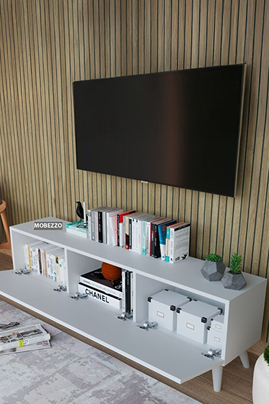 Modern Beyaz 3 Kapaklı Tv Ünitesi 140 Cm Geniş Depolama Alanı, Salon, Fonksiyonel Tv Sehpası