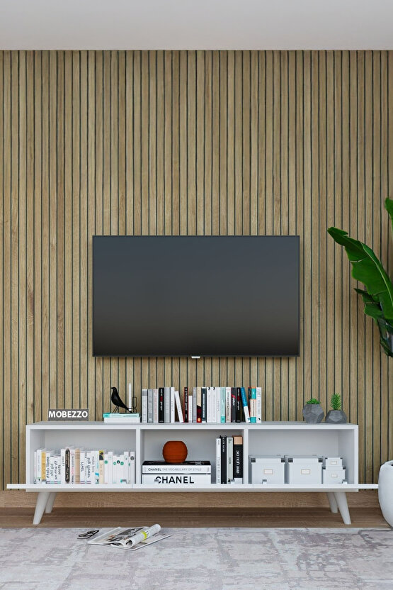 Modern Beyaz 3 Kapaklı Tv Ünitesi 140 Cm Geniş Depolama Alanı, Salon, Fonksiyonel Tv Sehpası