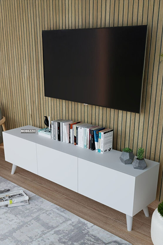 Modern Beyaz 3 Kapaklı Tv Ünitesi 140 Cm Geniş Depolama Alanı, Salon, Fonksiyonel Tv Sehpası