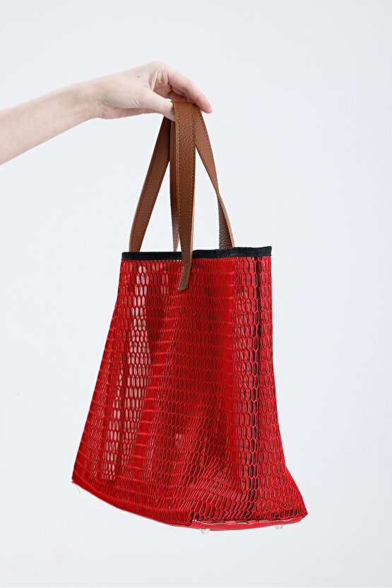 Kadın Kırmızı Petek Desenli Şeffaf Büyük Boy Plaj Ve Alışveriş Shopper Tote Omuz Çantası