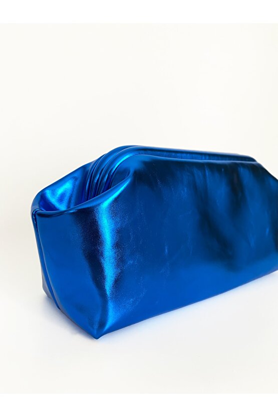 Heybes Kadın Mavi Parlak Dokulu Deri Clutch El Çantası