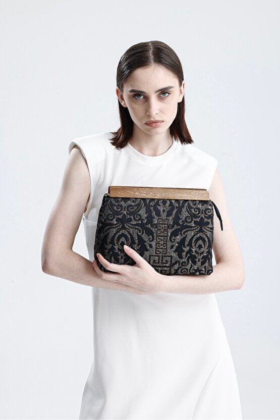 Heybes Kadın Siyah Otantik Desen Clutch Çanta