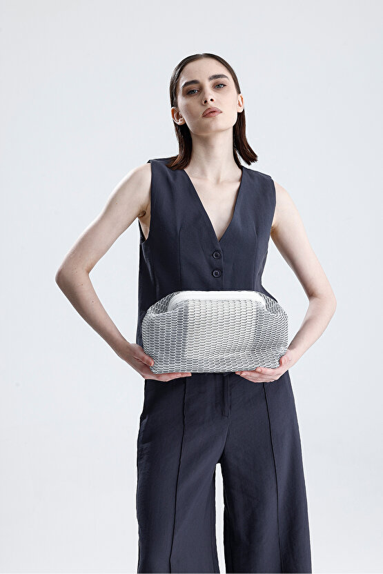 Heybes Kadın Beyaz Petek Desenli Şeffaf Clutch El Çantası