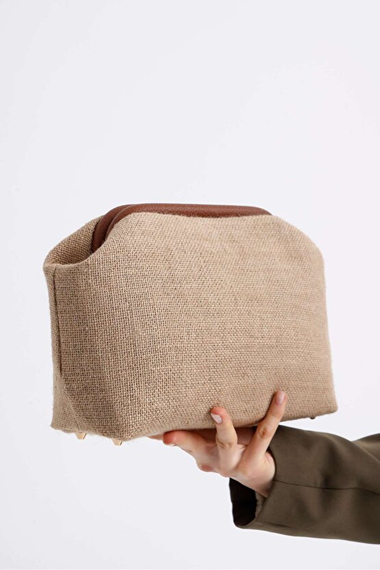 Heybes Kadın Kahve Biyeli Jüt Hasır Clutch El Çantası
