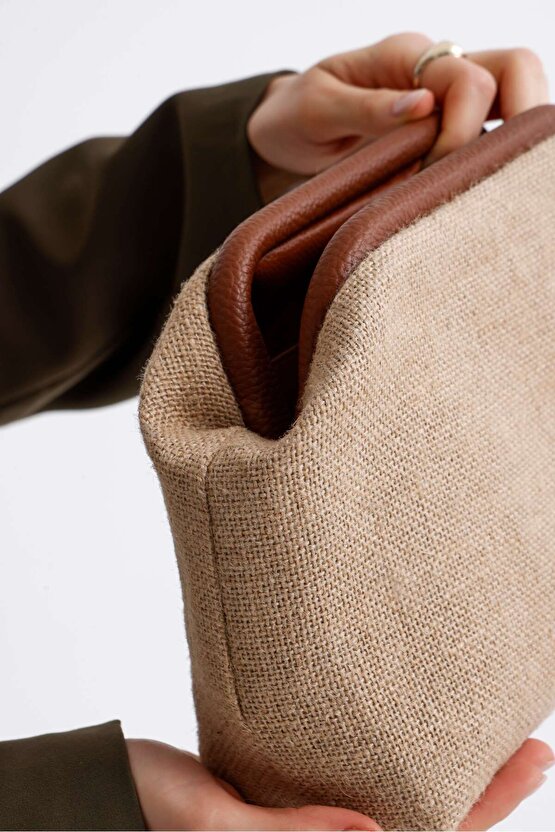Heybes Kadın Kahve Biyeli Jüt Hasır Clutch El Çantası