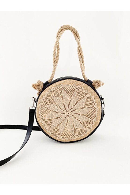 Heybes Kadın El Yapımı Dantel Detaylı Yuvarlak Hasır Omuz Çantası
