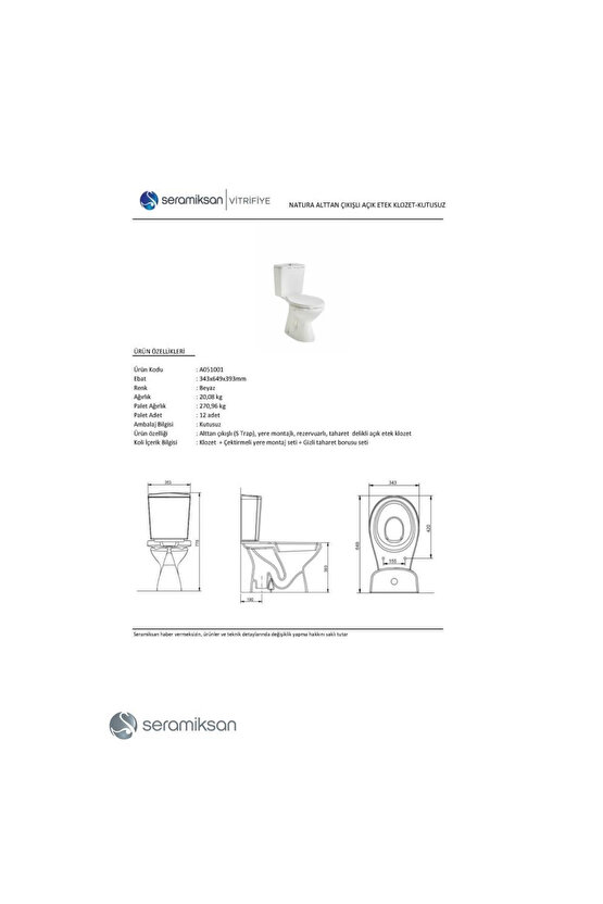 Natura Kanallı Alttan Çıkışlı Klozet Takım A051101h