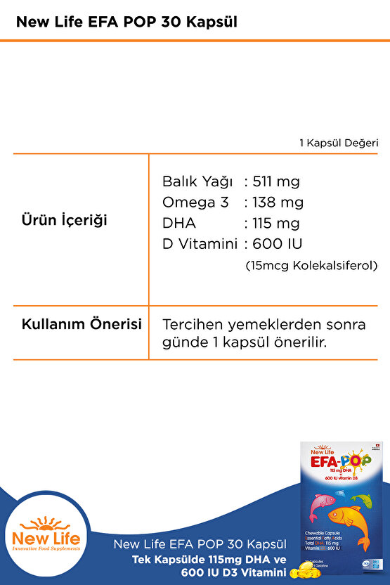 Efa Pop 30 Çiğnenebilir Balık Yağı Kapsülü - 138mg Omega3 - 115mg DHA - 600 IU D3 Vitamini