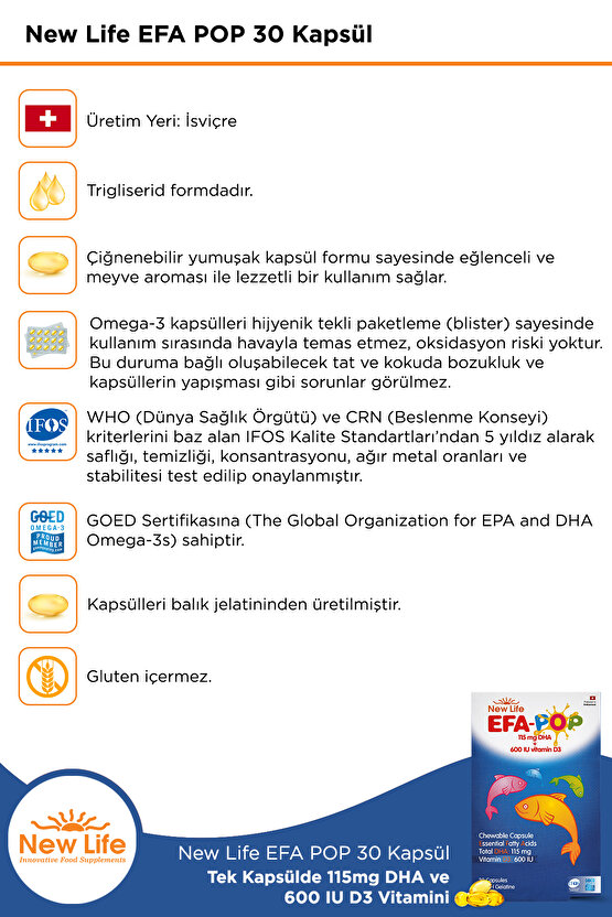 Efa Pop 30 Çiğnenebilir Balık Yağı Kapsülü - 138mg Omega3 - 115mg DHA - 600 IU D3 Vitamini