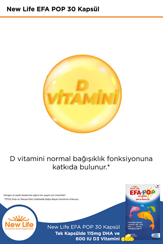 Efa Pop 30 Çiğnenebilir Balık Yağı Kapsülü - 138mg Omega3 - 115mg DHA - 600 IU D3 Vitamini