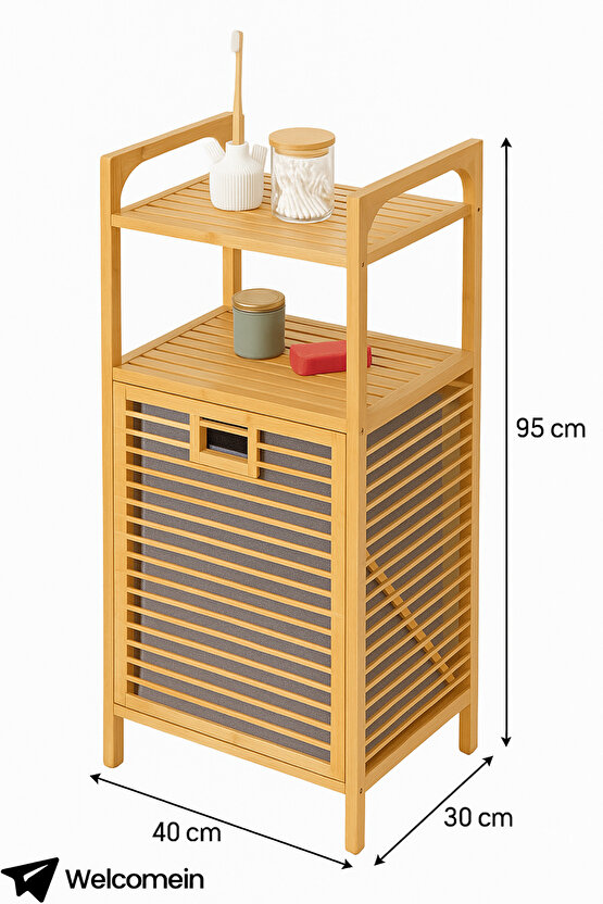 Bambu Çamaşır Sepeti Raflı & Banyo Rafı 40x30x95 cm