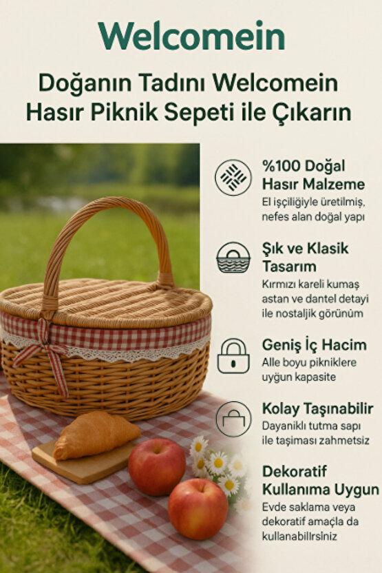 Doğal Hasır Piknik Sepeti – Kırmızı Kareli Kumaş Astarlı, El Yapımı, Kapaklı ve Taşıma Saplı