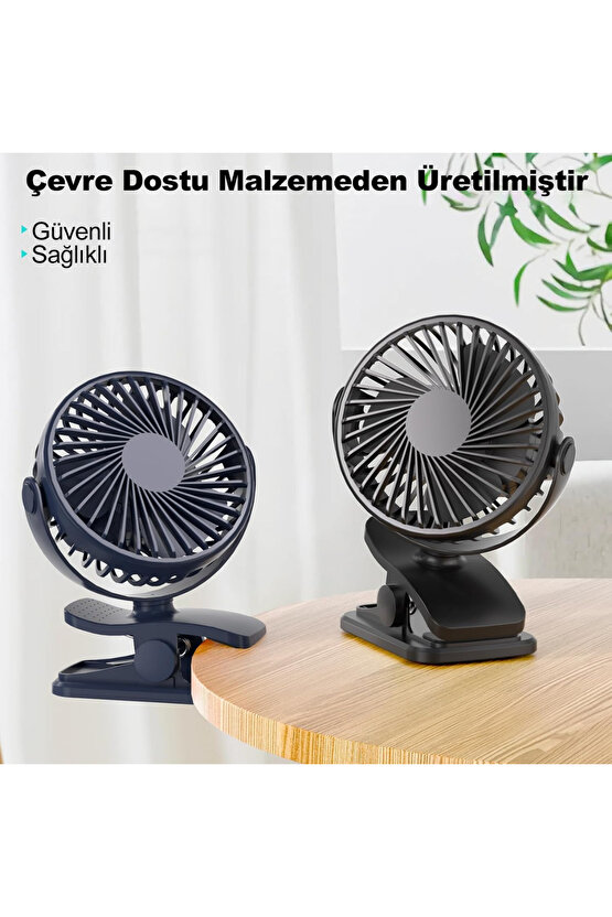 Masaüstü Şarjlı Klipsli 360 Derece Dönebilen Portatif Vantilatör - Soğutucu Klima Tutacaklı Fan