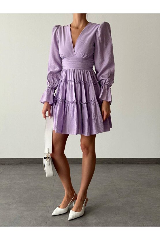 V Yaka Balon Kol Belden Oturtmalı Aerobin Kumaş Mini Boy Lila Elbise