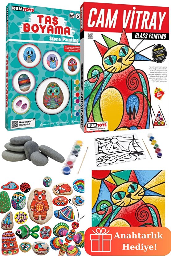 Mega Boyama Seti - Taş Boyama Seti ve Cam Vitray Boyama Seti - Taş Boya - Boyama Setleri - Etkinlik