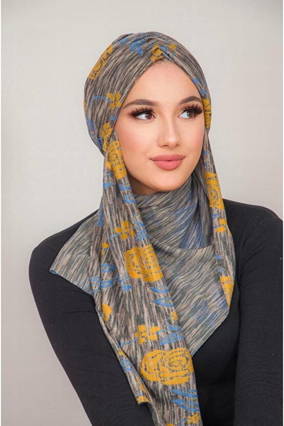 Gri Hardal Desen Kelebek Model Büzgülü Bone Şal