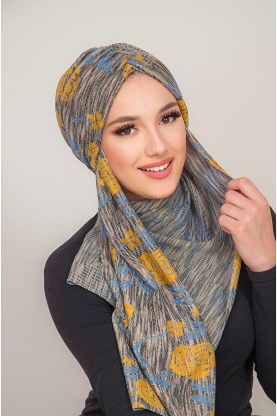 Gri Hardal Desen Kelebek Model Büzgülü Bone Şal